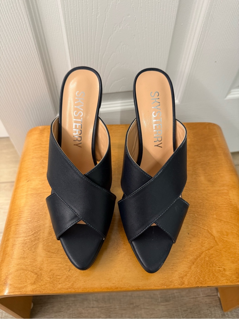 Sky|Terry Black Crisscross Slide Heels -